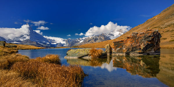 Scenic view of lake and snowcapped mountains against sky