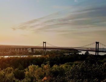 View of suspension bridge against cloudy sky