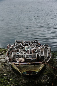 High angle view of abandoned boat in lake