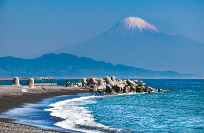 Panoramic view of sea against clear blue sky