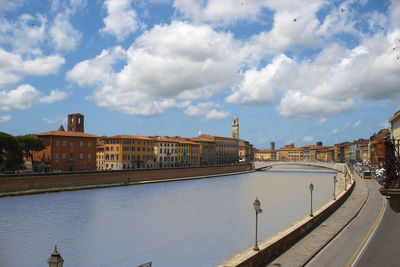 View of buildings by river against cloudy sky