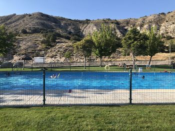 Plants growing on field by swimming pool against sky