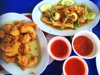 High angle view of breakfast served on table