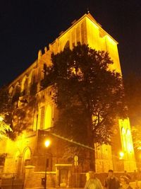 Low angle view of illuminated building at night