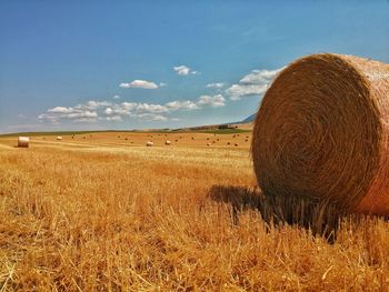 Hay bales on field against sky