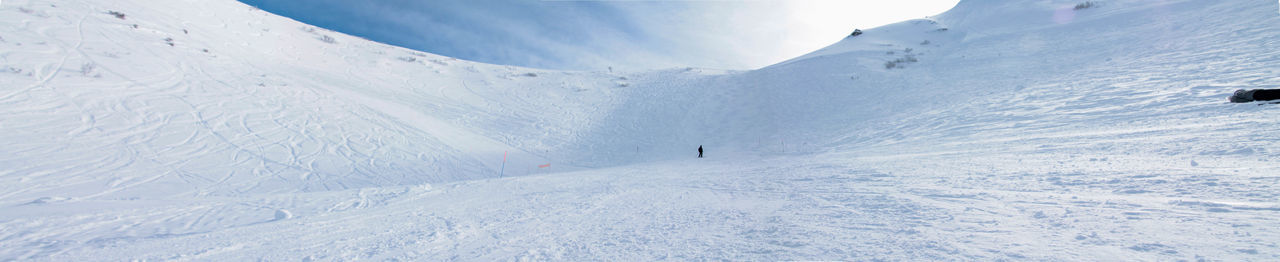 People skiing on snow covered landscape