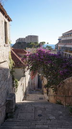 Alley amidst buildings in town against clear sky