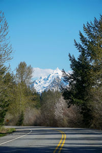 Road by trees against sky during winter