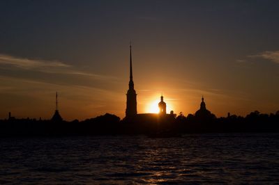 Silhouette of mosque at sunset