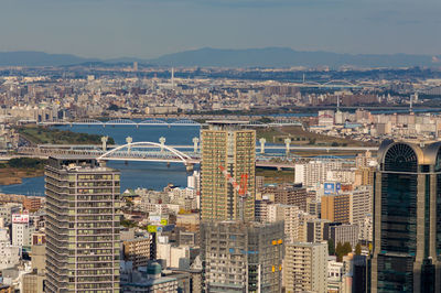 High angle view of city buildings