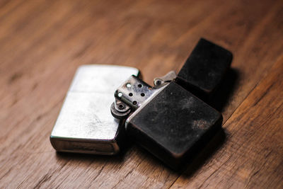 High angle view of objects on table