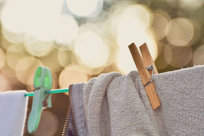 Close-up of clothes drying on clothesline