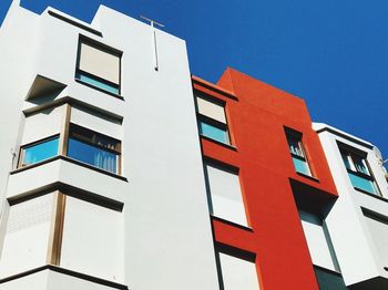 Low angle view of modern building against clear blue sky