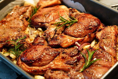 High angle view of food served tray