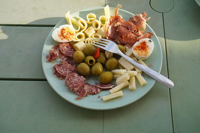 High angle view of food in plate on table