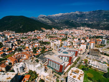 High angle shot of townscape against sky