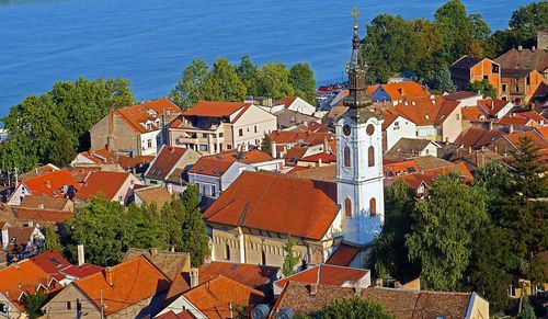 High angle view of buildings in town