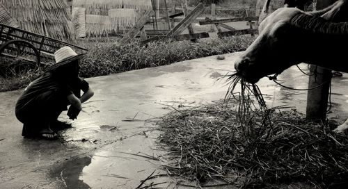 Side view of man working at shore