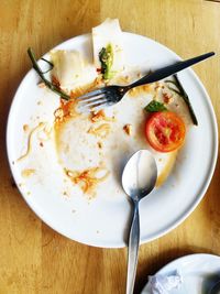 High angle view of breakfast served on table