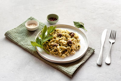 High angle view of food in plate on table