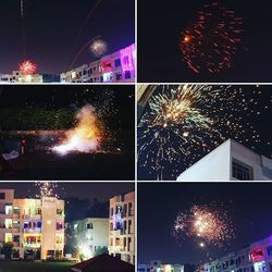 Firework display in city at night