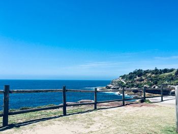 Scenic view of sea against clear blue sky