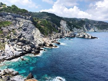 Scenic view of sea and mountains against sky