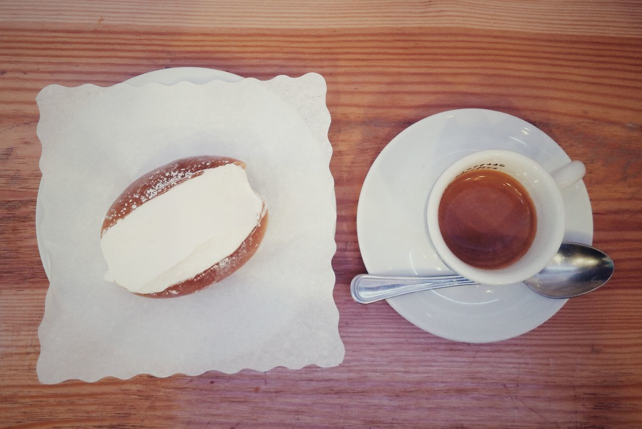 CLOSE-UP OF COFFEE CUP WITH SPOON AND FORK