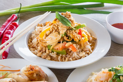 High angle view of food in plate on table