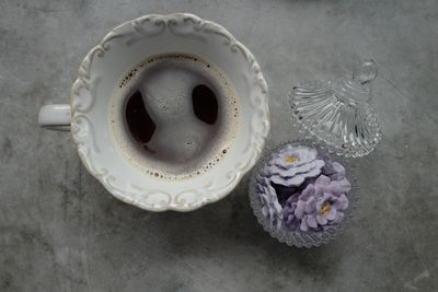 High angle view of drink on table