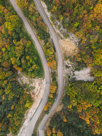 Aerial view of a winding road from a high mountain pass through a dense colorful autumn forest.