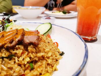 Close-up of breakfast served on table