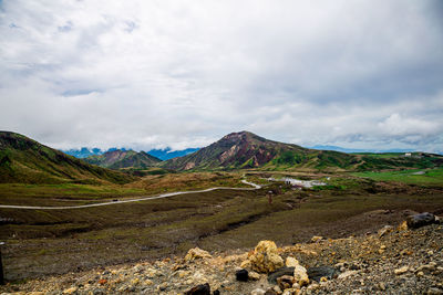 Scenic view on mountains near active aso volcano in kyushu, japan