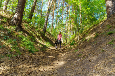 Rear view of man walking on footpath in forest