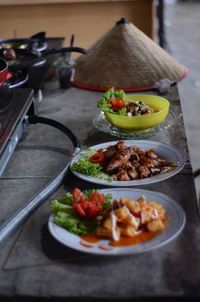 High angle view of food in plate on table