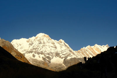 Low angle view of snowcapped mountains against clear blue sky