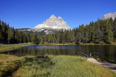 Scenic view of lake and mountains against clear sky