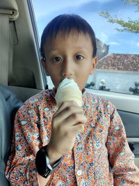 Portrait of cute boy in car