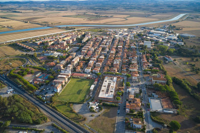 High angle view of road amidst buildings in city