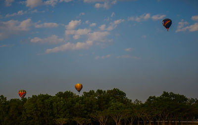 Hot air balloons flying against sky