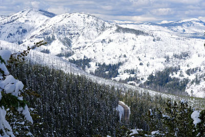 Scenic view of snowcapped mountains during winter