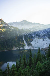 Scenic view of lake and mountains against sky