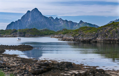 Scenic view of sea and mountains against sky