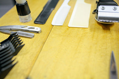 High angle view of equipment on table