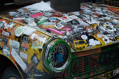 High angle view of multi colored garbage on table