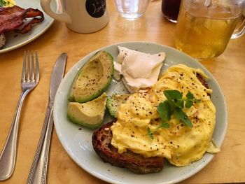 Close-up of breakfast served on table