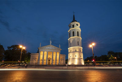 Vilnius, lithuania. may 2019. a night view of the cathedral and the bell tower