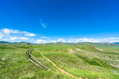 Scenic view of field against blue sky