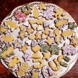 High angle view of cookies on table