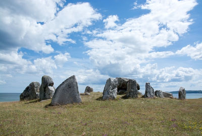 Panoramic view of rocks on landscape against sky